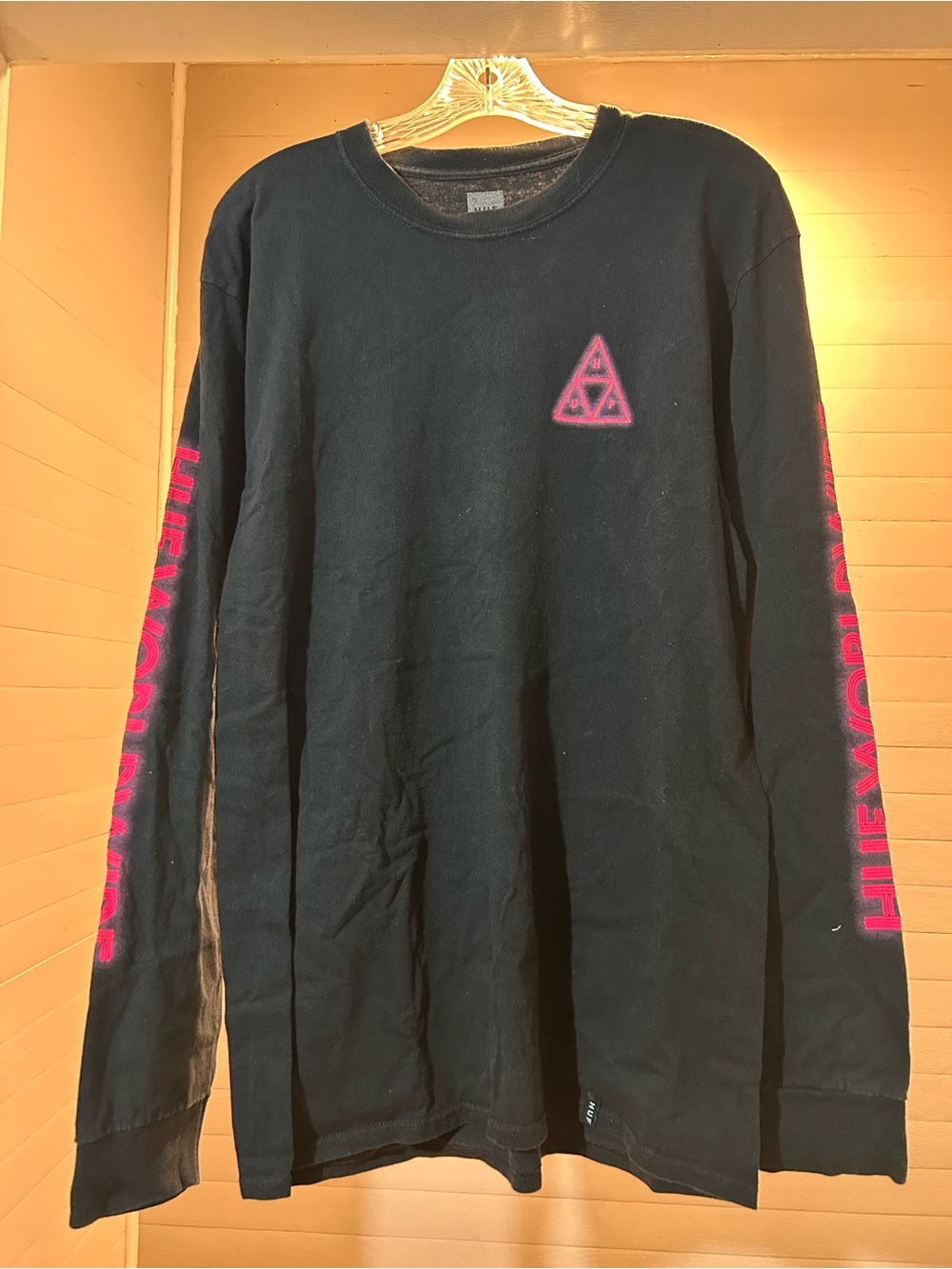 HUF Black Long-Sleeve Tee with Pink Logo and Sleeve Text